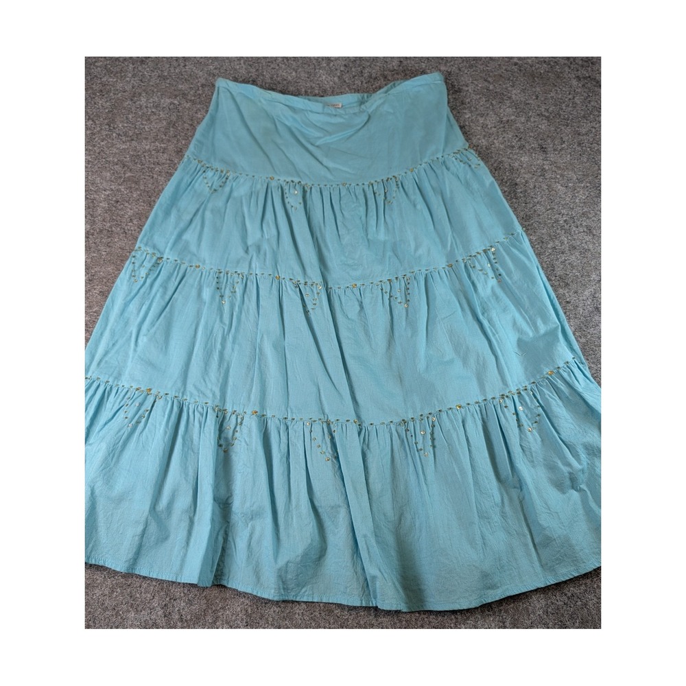Avenue of the Stars Blue Cotton Tiered Sequin Midi Skirt Size 7 Boho Arbor